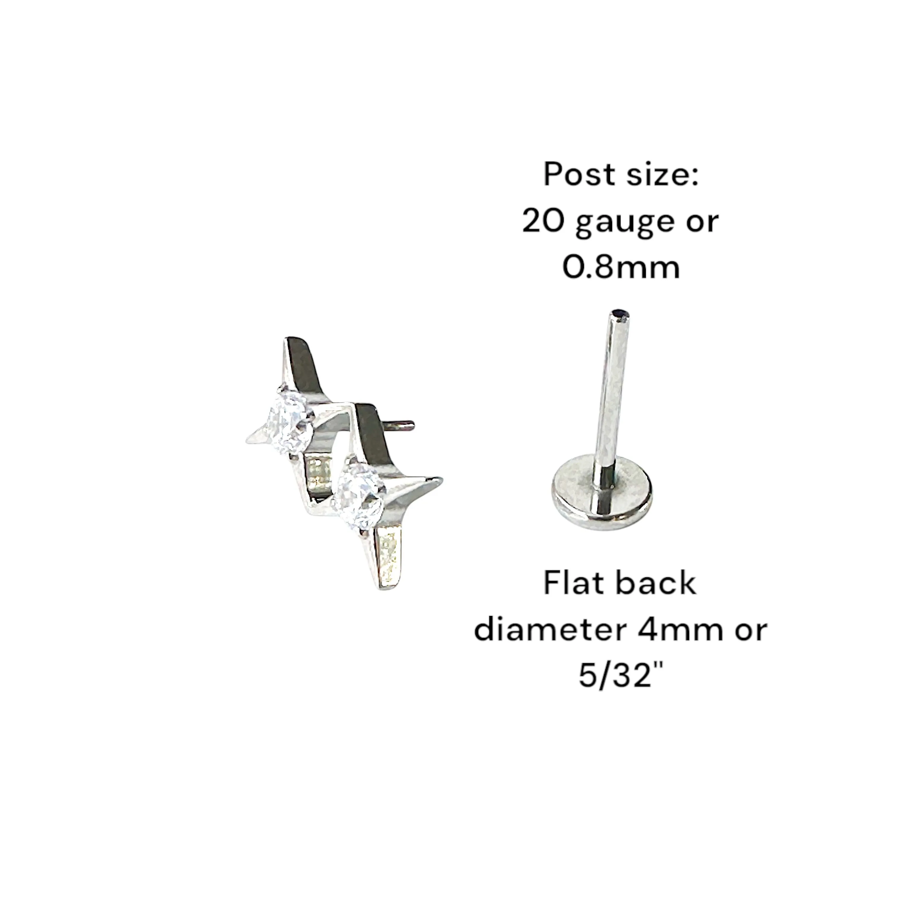Titanium double star gem flat back stud