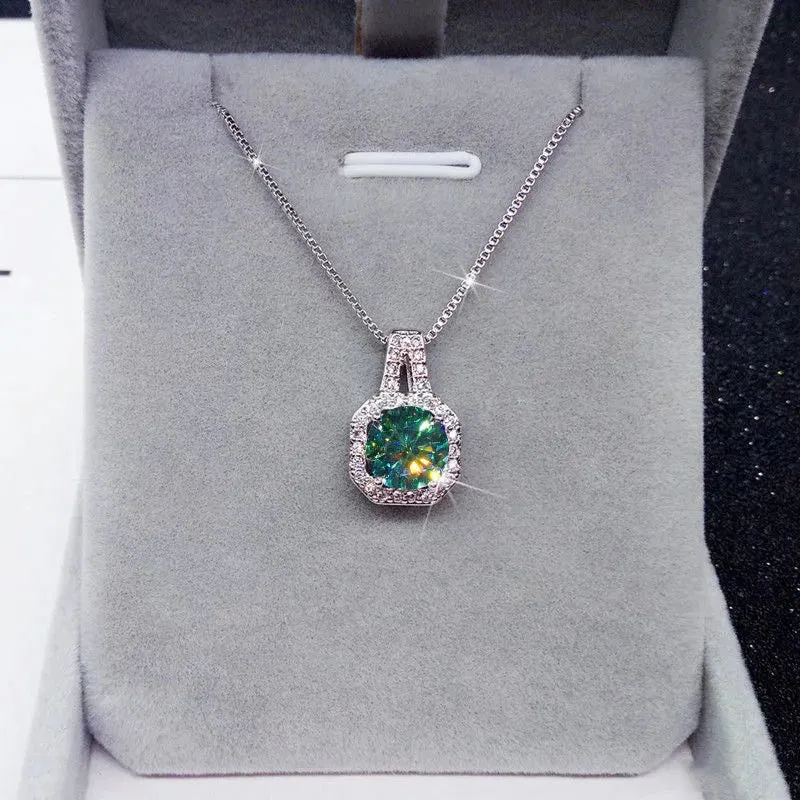 Vintage 2ct Green Moissanite Pendant 925 Silver Necklace