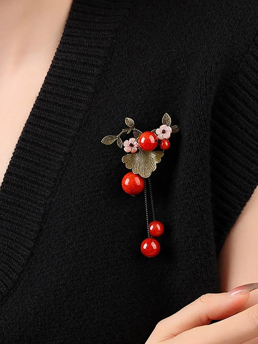 Vintage Alloy Gingkgo Bead Tassel Brooch