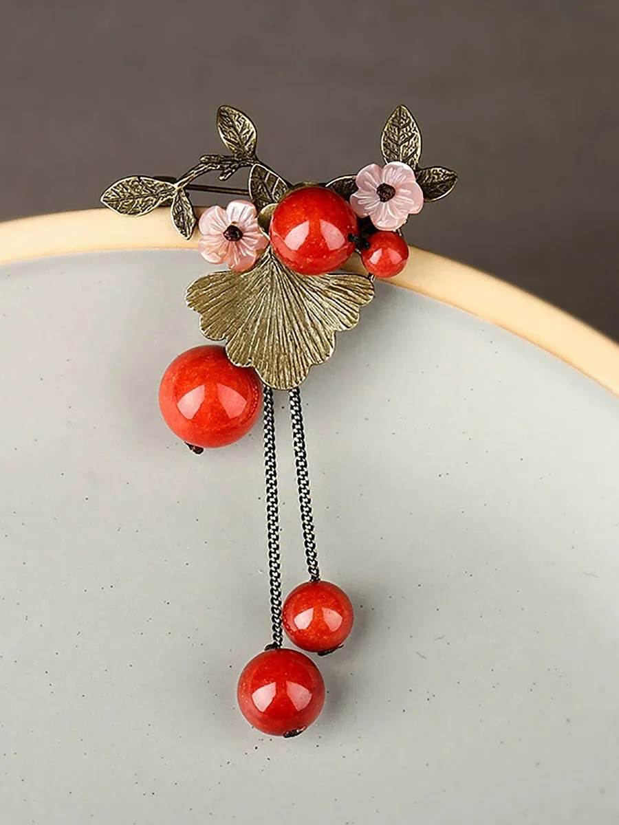 Vintage Alloy Gingkgo Bead Tassel Brooch