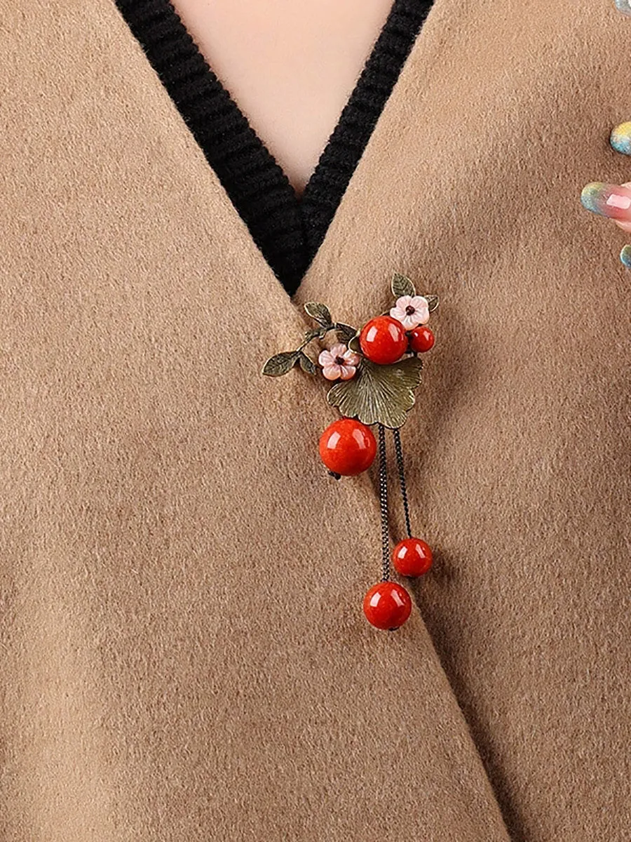 Vintage Alloy Gingkgo Bead Tassel Brooch