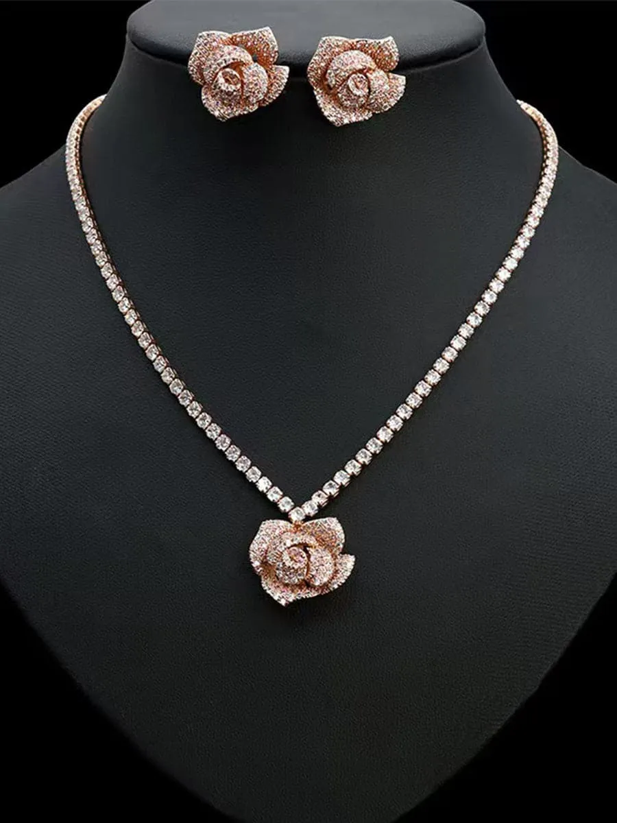 Vintage Floral Zircon Necklace and Earrings Set MSN110818