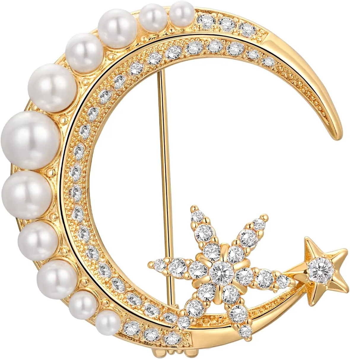Vintage Pearl Brooch Pin Moon and Star Crystal Rhinestone Brooch 8-Pointed Star Lapel Pin Baroque Pearl Gold pins and brooches jewelry, SHE'S FREE STYLE JUST FOR YOU Metal Plating Process Safety pins