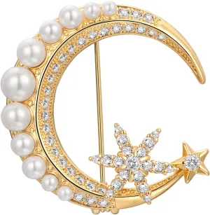 Vintage Pearl Brooch Pin Moon and Star Crystal Rhinestone Brooch 8-Pointed Star Lapel Pin Baroque Pearl Gold pins and brooches jewelry, SHE'S FREE STYLE JUST FOR YOU Metal Plating Process Safety pins